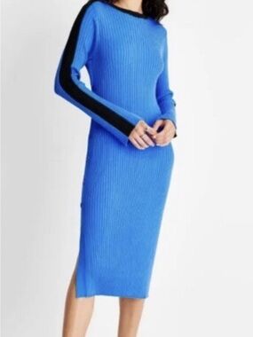 Blue Ribbed Midi Knit Dress with Black Sleeve Stripe